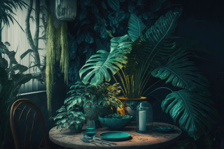 interior of tropical jungle with lush vegetation in pot on table, created with generative aiの素材