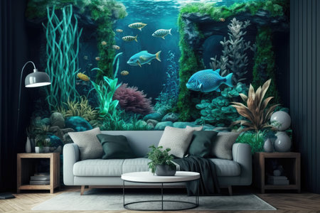 tropical decor of room with water in aquarium and plants on wall jungle interior design, created with generative aiの素材