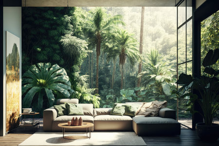 green jungle interior design with palm trees under open sky in sunlight, created with generative aiの素材