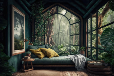 comfortable wooden hut in forest with large window jungle interior design, created with generative aiの素材