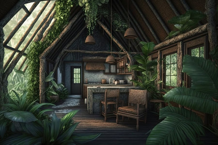 tropical hut in jungle interior design amid dense greenery, created with generative aiの素材