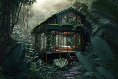 tropical hut in jungle interior design amid dense greenery, created with generative aiの素材