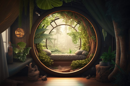 tropical forest with tree hut interior design of jungle, created with generative aiの素材