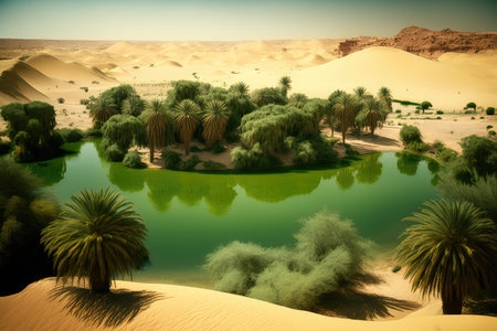 desert surrounding oasis green water lake in the desert, created with generative aiの素材