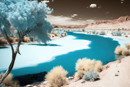 blue-white water of river flowing into lake in the desert, created with generative aiの素材