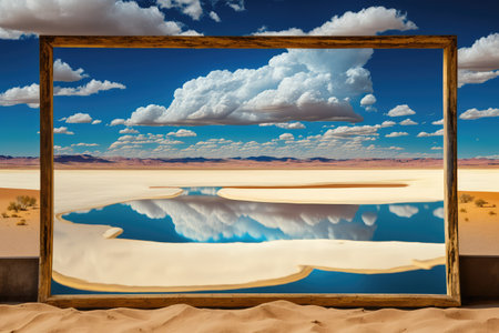 desert region and sky with clouds in background against backdrop of lake in the desert, created with generative aiの素材