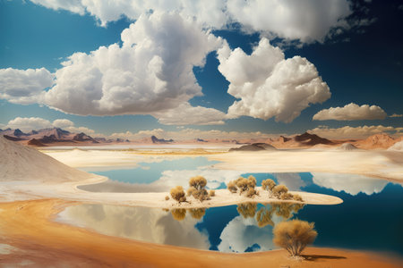 desert region and sky with clouds in background against backdrop of lake in the desert, created with generative aiの素材