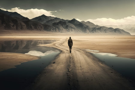 lonely man who walked from road to shore of lake in desert, created with generative aiの素材