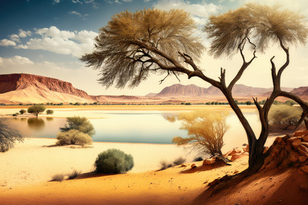 desert landscape with trees and desert lake, created with generative aiの素材