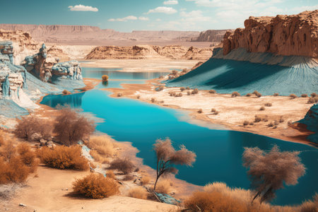 dried up river canyon and blue desert lake in the desert, created with generative aiの素材