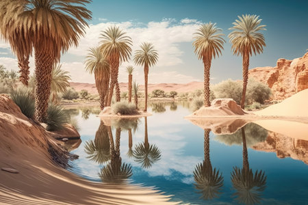 calm surface of water in oasis next to palm trees lake in the desert, created with generative aiの素材
