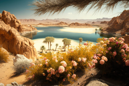 rocky shore of desert oasis with blooming flowers and distant view to lake in the desert, created with generative aiの素材