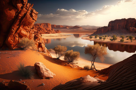 landscape of desert with red rocks and lake in the desert, created with generative aiの素材