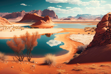 landscape of desert with red rocks and lake in the desert, created with generative aiの素材