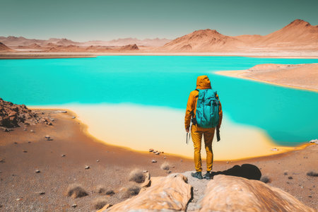 lonely man with backpack walking on shore of bright turquoise lake in the desert, created with generative aiの素材