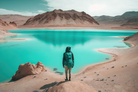lonely man with backpack walking on shore of bright turquoise lake in the desert, created with generative aiの素材