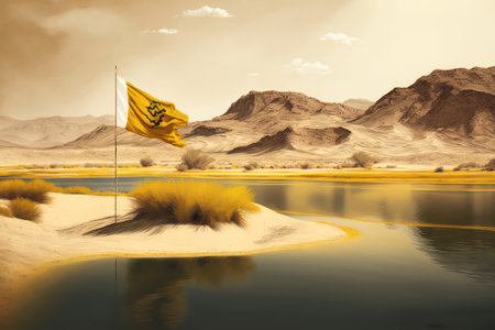 lonely flag on shore of serene desert lake in the desert, created with generative aiの素材