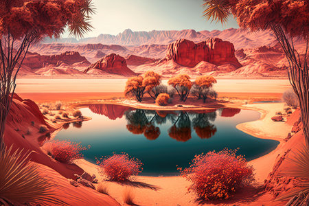 red desert and oasis around small beautiful mountain lake in the desert, created with generative aiの素材