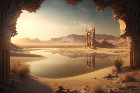 peaceful landscape of desert and ancient ruins with lake in the desert, created with generative aiの素材