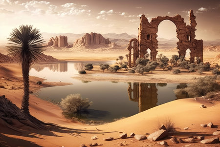 peaceful landscape of desert and ancient ruins with lake in the desert, created with generative aiの素材
