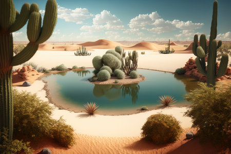 small oasis in desert with cactus and rippling water of lake in the desert, created with generative aiの素材