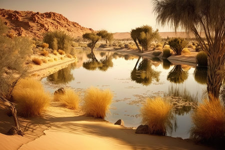 peaceful view of sunlit water in desert lake, created with generative aiの素材