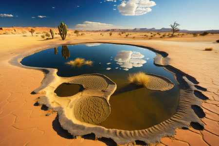 desert landscape with water in pot holes lake in desert, created with generative aiの素材