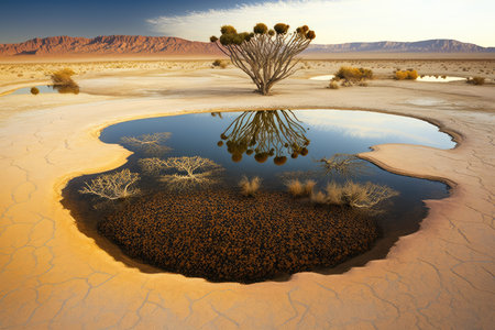 desert landscape with water in pot holes lake in desert, created with generative aiの素材