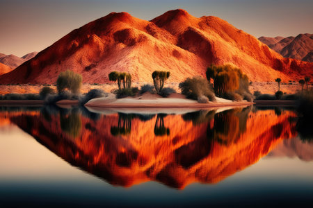 beautiful mirror image of red hill in evening on lake in the desert, created with generative aiの素材