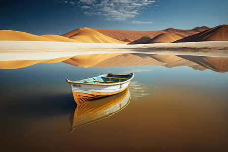 small boat on surface of calm desert lake in the desert, created with generative aiの素材