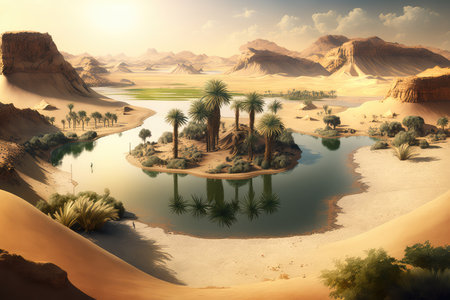 desert landscape with oasis and hills around lake in the desert, created with generative aiの素材