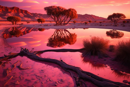 beautiful pink sunset reflected in water of desert lake, created with generative aiの素材