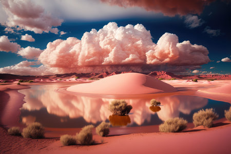 romantic scenery of glowing pink sand dunes and clouds above lake in the desert, created with generative aiの素材