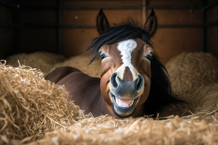 laughing horse lies down on farm in hay and peeks at camera, created with generative aiの素材