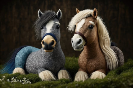 two funny ponies with beards sitting on grass, created with generative aiの素材