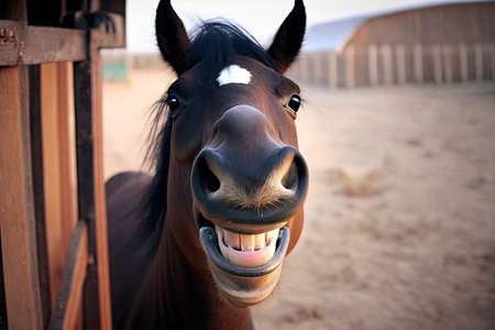 funny laughing horse with black brown eyes and smiling muzzle, created with generative aiの素材
