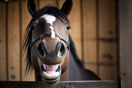 funny laughing horse with black brown eyes and smiling muzzle, created with generative aiの素材