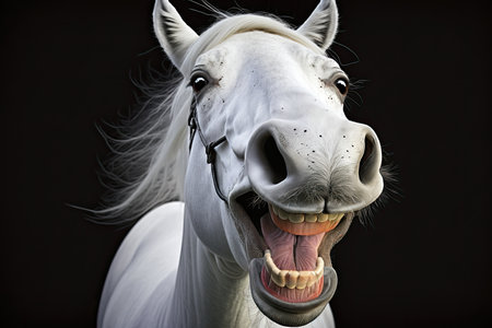 beautiful white laughing horse with large round eyes, created with generative aiの素材