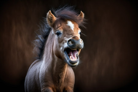 funny baby laughing horse on dark blurred background, created with generative aiの素材