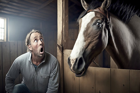 domestic funny horse in stable with man on blurry background, created with generative aiの素材