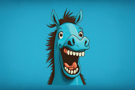 funny cartoon laughing horse on blue background, created with generative aiの素材