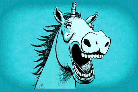 funny cartoon laughing horse on blue background, created with generative aiの素材