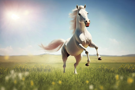 sunny summer day and small laughing horse prancing on meadow, created with generative aiの素材