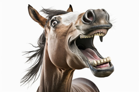 funny laughing horse with twisted mouth on white background, created with generative aiの素材