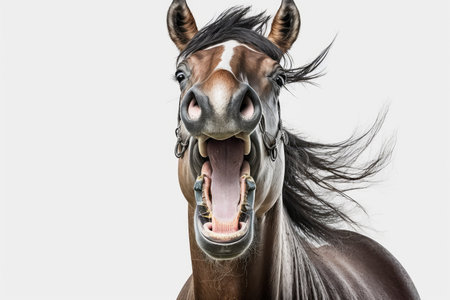 funny laughing horse with twisted mouth on white background, created with generative aiの素材
