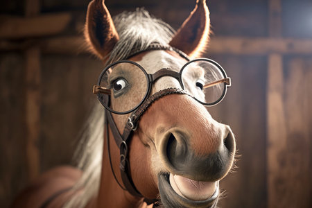 cute laughing horse in glasses and ears on head close-up, created with generative aiの素材