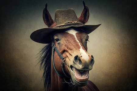 picturesque smiling laughing horse in cowboy hat and hat, created with generative aiの素材