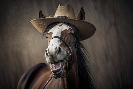 picturesque smiling laughing horse in cowboy hat and hat, created with generative aiの素材