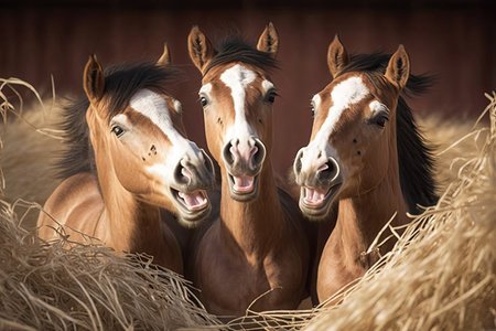 three young horses playing and laughing in field of hay, created with generative aiの素材