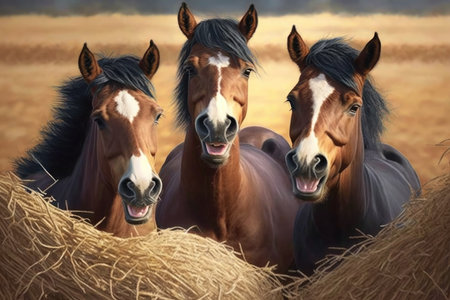 three young horses playing and laughing in field of hay, created with generative aiの素材